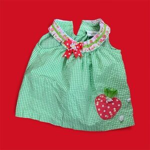 90s Vintage Green Gingham Strawberry Dress for Kids